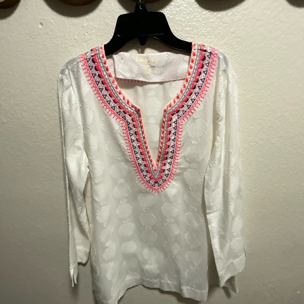 Lilly Pulitzer White Tunic with Pink and Blue Embroidery